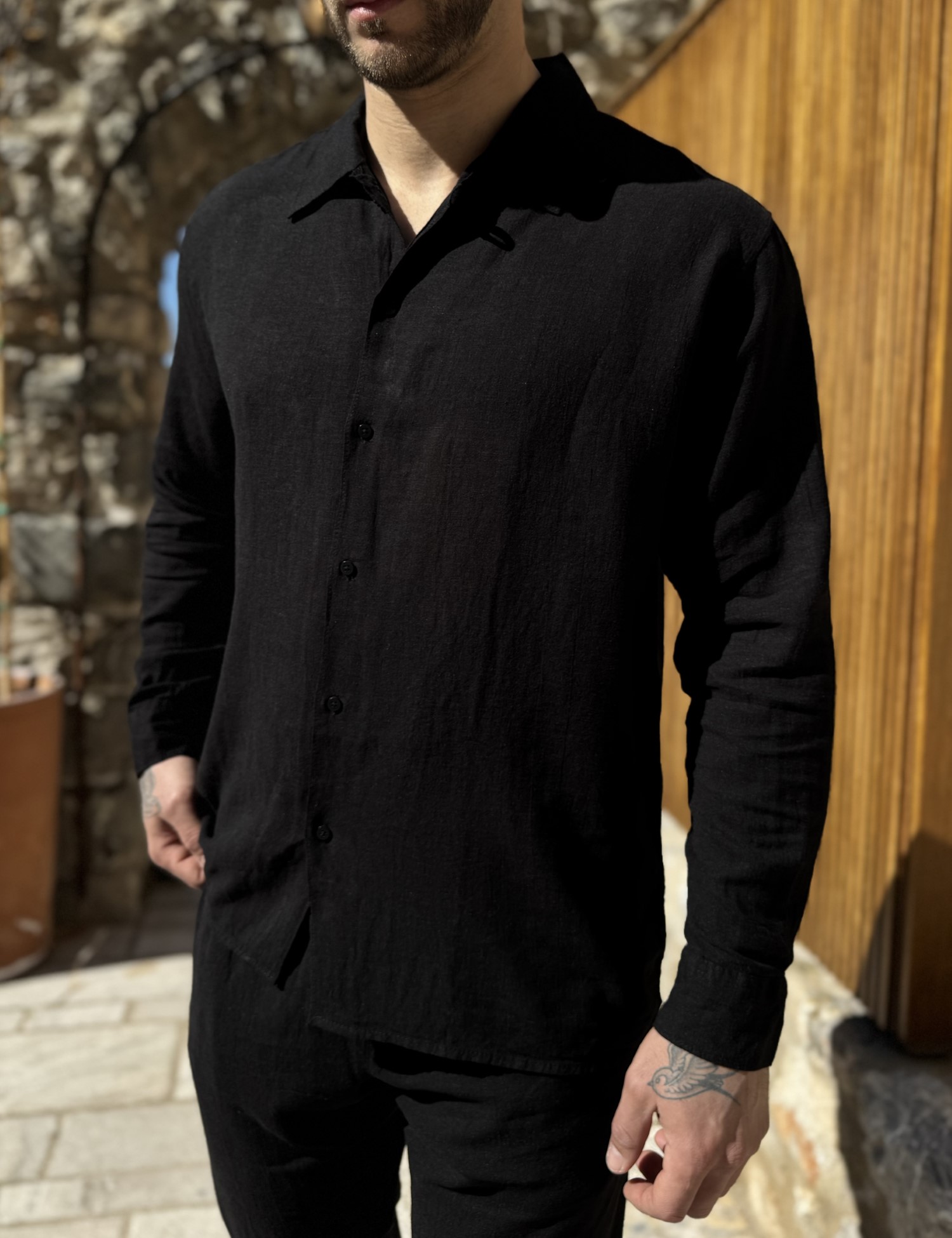 Marrakech ανδρικό λινό μαύρο πουκάμισο με γιακά TST2530